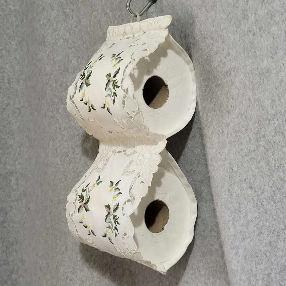 Vintage 2 Roll Fabric Toilet Paper Holder Ivory Cutwork Lace Embroidery Romantic
